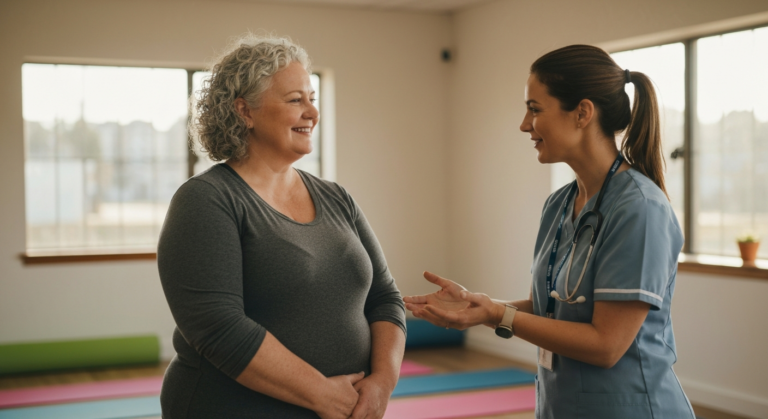 A plus-size woman with salt-and-pepper curls talks with a healthcare professional at a community exercise class, warm and reassuring scene.