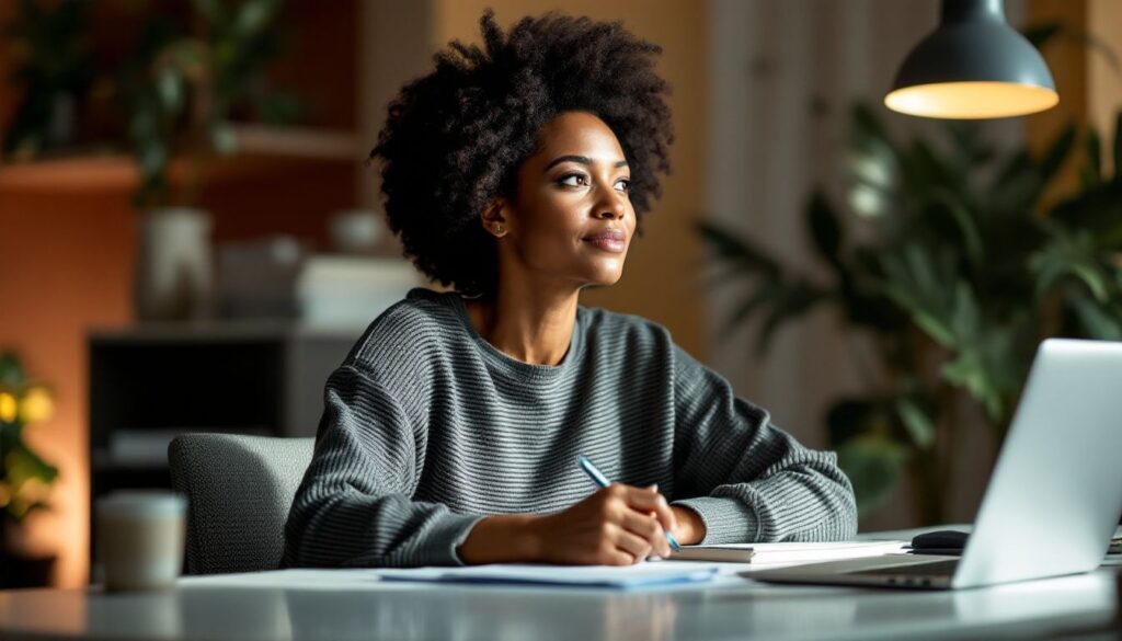 A reflective woman with warm olive skin and natural afro hair sits at her office desk, illustrating the topic of menopause belly weight gain.