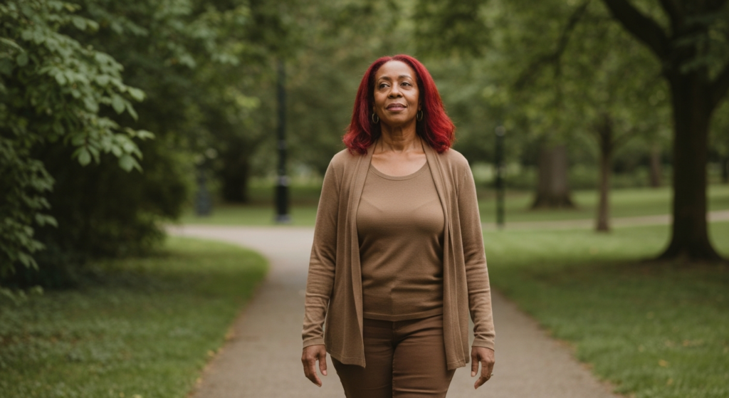 A self-possessed woman with deep brown skin and auburn hair walking in a green park, reflecting on life during menopause