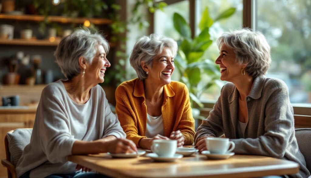 A woman in her late 50s with medium brown skin and short silver-grey hair laughing with friends at a café, illustrating life with menopause bloating.