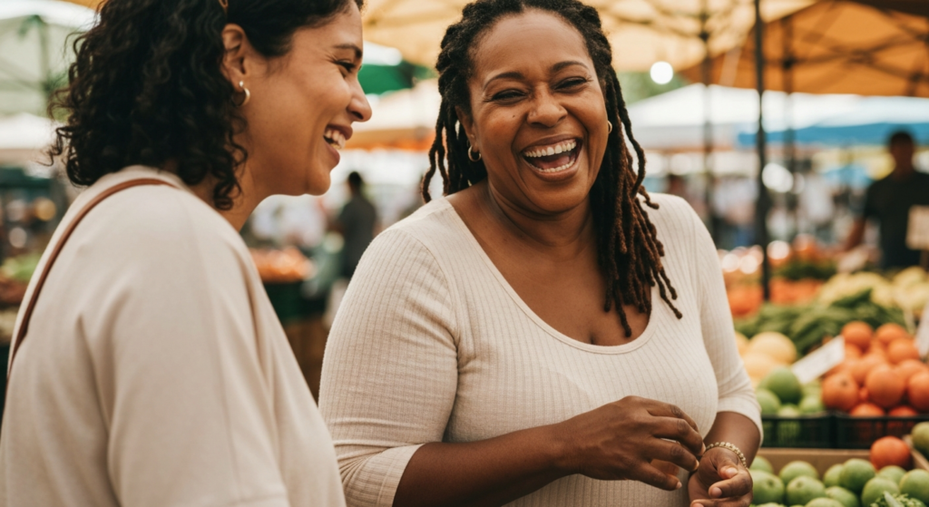 A woman with locs and dark-brown skin laughing with a friend at a colourful outdoor market — menopause bone health