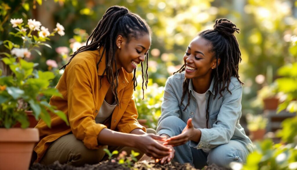 Woman with locs gardening in the sun with a close friend, representing calm and connection during menopause brain fog