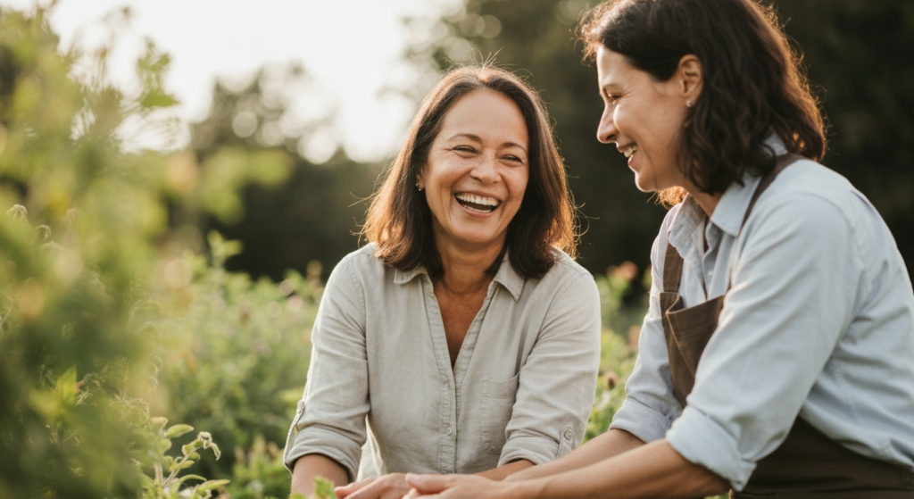 Woman with light brown skin and dark hair laughing with a friend while gardening in the sun — menopause brain fog at work