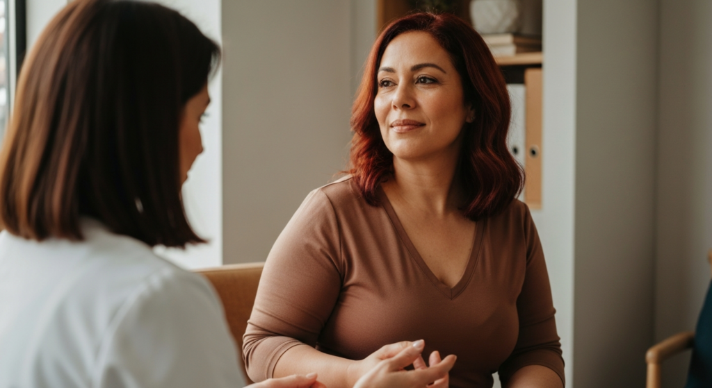 Woman with olive skin and auburn hair in a bright clinic, calmly consulting a doctor about menopause brain fog symptoms.