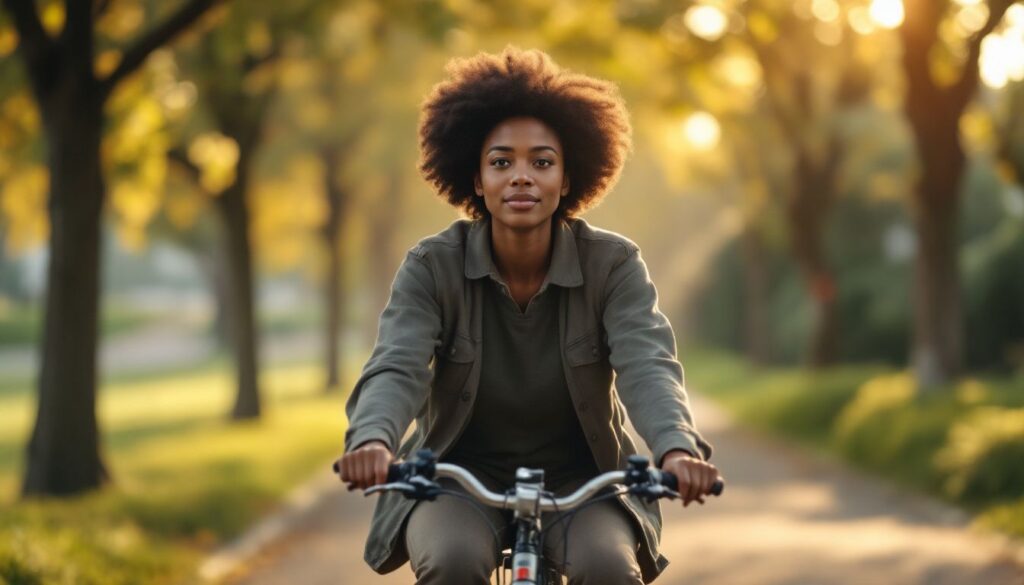Woman with natural afro hair cycling on a tree-lined path, calm and reflective — menopause burning mouth syndrome
