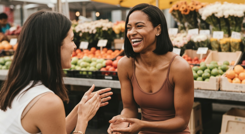 A woman in her late 40s with dark-brown skin and a sleek bob laughs with a friend at a colourful outdoor market — menopause urinary health