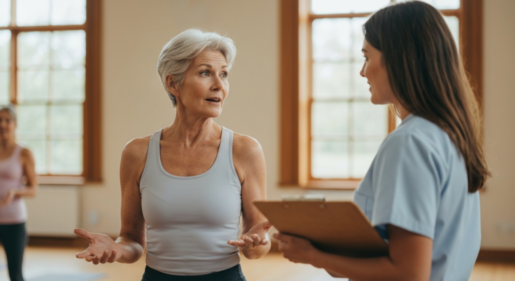 A fair-skinned woman with short silver-grey hair talks with a healthcare professional at a community exercise class, looking calm and reassured.
