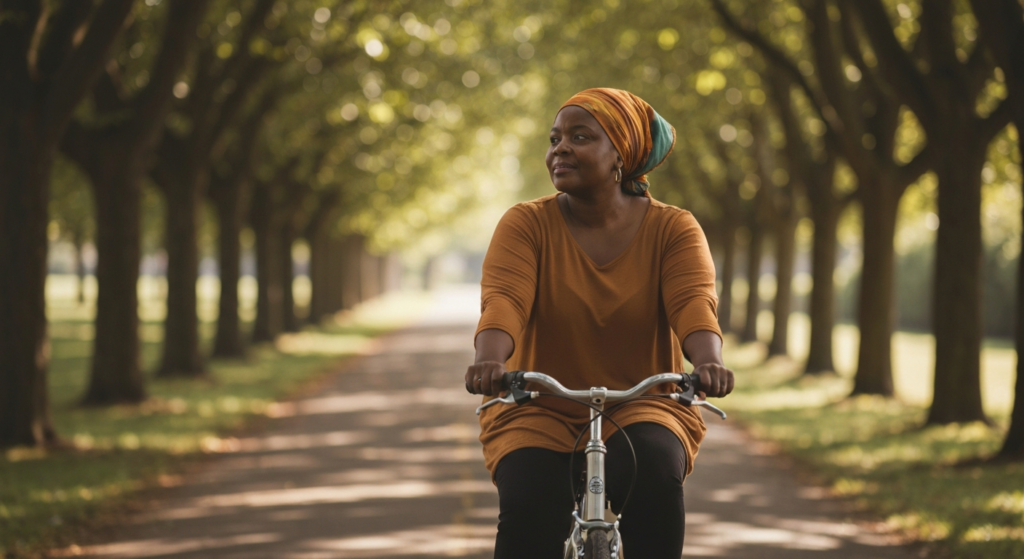 Plus-size woman with deep brown skin and a colourful headscarf cycling alone on a tree-lined path — menopause cold chills