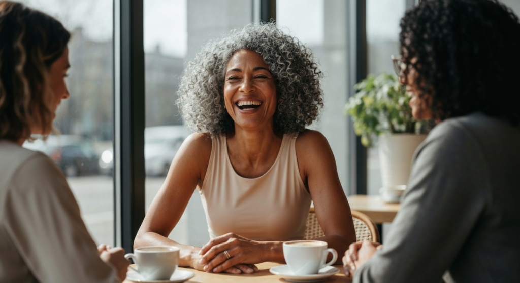 A 57-year-old woman with medium brown skin and salt-and-pepper curls laughing with friends at a café — menopause skin and collagen loss