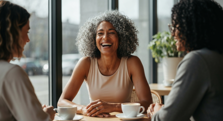 A 57-year-old woman with medium brown skin and salt-and-pepper curls laughing with friends at a café — menopause skin and collagen loss