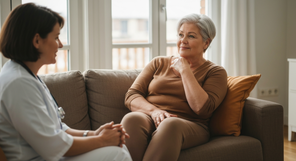 Woman with short silver-grey hair relaxing on a sofa in a bright living room, talking with a healthcare professional about menopause concentration problems.