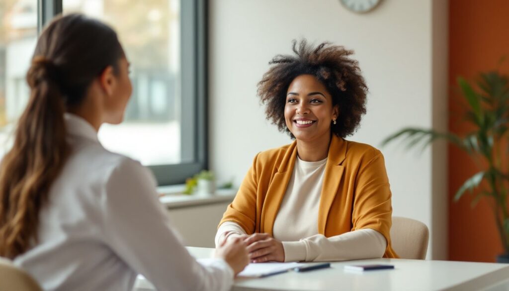 A plus-size woman in her late 50s with olive skin and natural afro hair speaks with her doctor in a bright clinic room about menopause digestive symptoms.