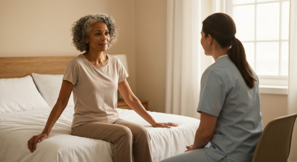 A woman in her mid-50s with medium brown skin and salt-and-pepper curls talking with a healthcare professional in a calm, light-filled bedroom.