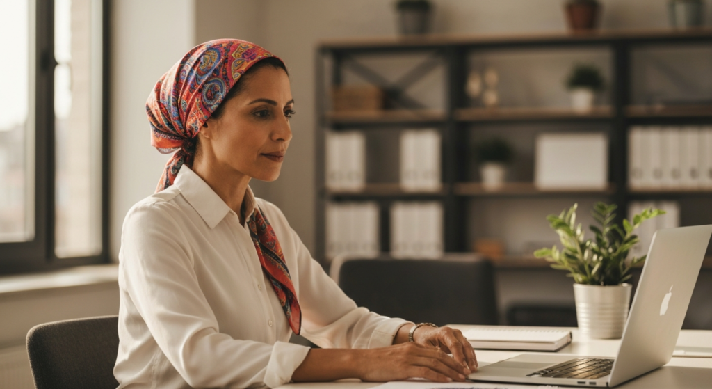 A reflective woman with olive skin and a colourful headscarf pauses at her office desk — menopause crying spells and sudden tearfulness