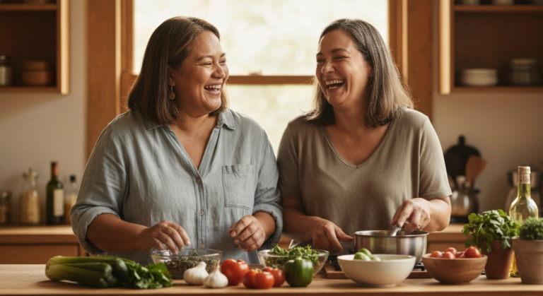 A plus-size woman with light brown skin cooking with a close friend in a warm kitchen — menopause diet and nutrition
