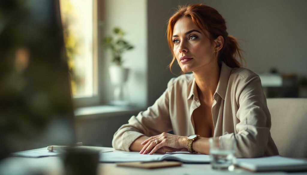 Woman with olive skin and auburn hair sitting reflectively at a modern office desk, illustrating menopause dizziness and vertigo