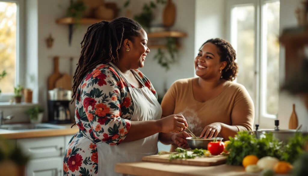 A plus-size woman in her early 50s with light brown skin and locs laughs with a friend while cooking in a warm kitchen — menopause dry eyes