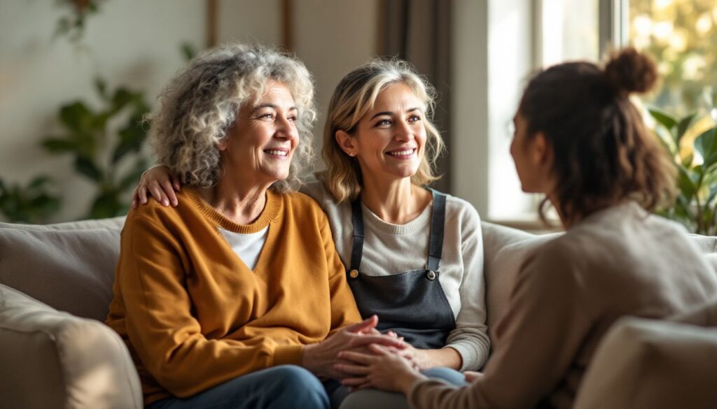 Woman with salt-and-pepper curls talking with a healthcare professional on a bright sofa — menopause dry mouth consultation