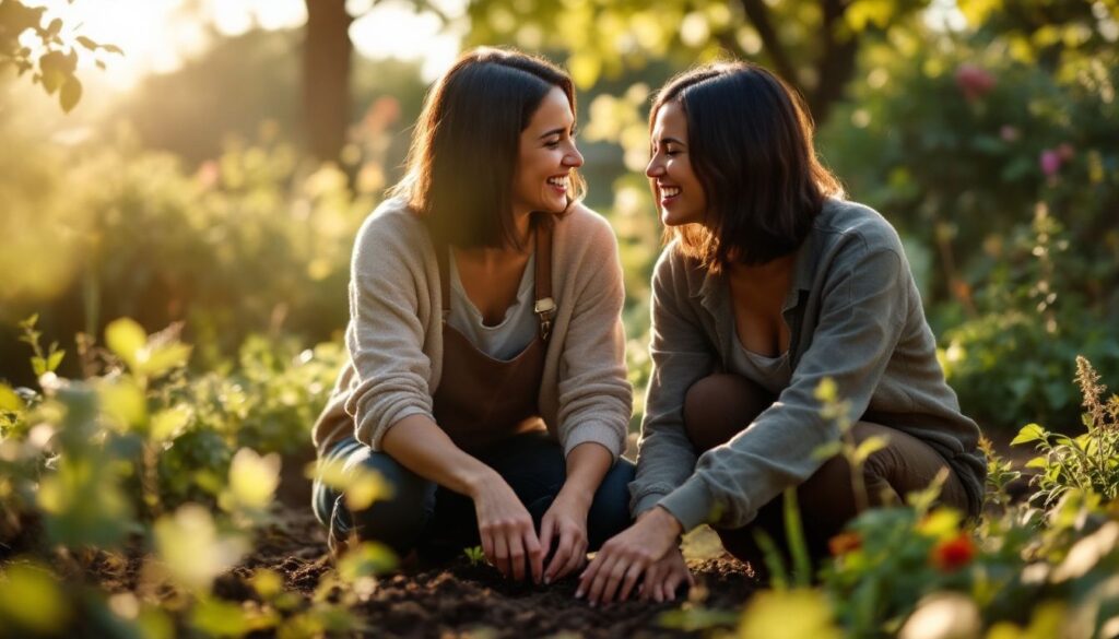 Woman with light brown skin and sleek bob gardening with a friend in the sun, illustrating menopause frozen shoulder recovery and movement