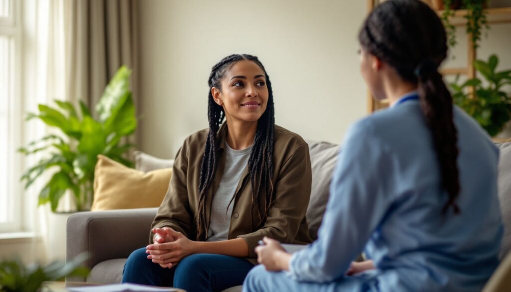 A woman in her late 50s with long braids relaxes on a sofa in a bright living room, talking with a healthcare professional about menopause hair loss.