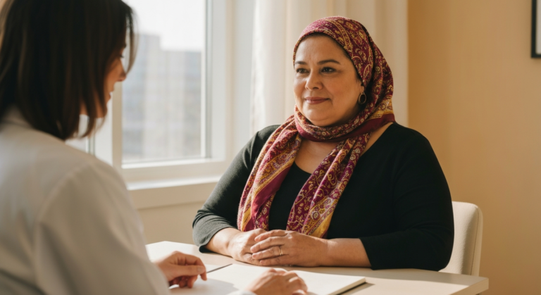 A plus-size woman with olive skin and a colourful headscarf speaking with a doctor in a bright clinic — menopause hair thinning and facial hair