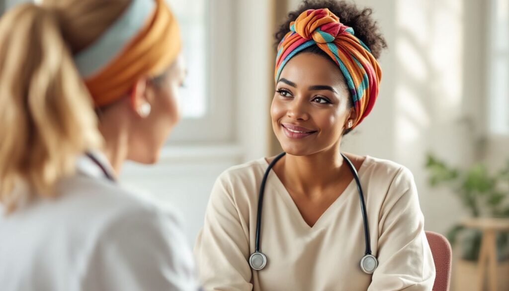 A woman with olive skin and a colourful headscarf speaks calmly with a doctor about menopause heart palpitations in a bright clinic.