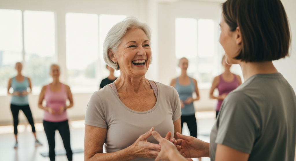 Woman in her 60s with silver-grey hair chatting with a healthcare professional at a community exercise class — menopause histamine intolerance