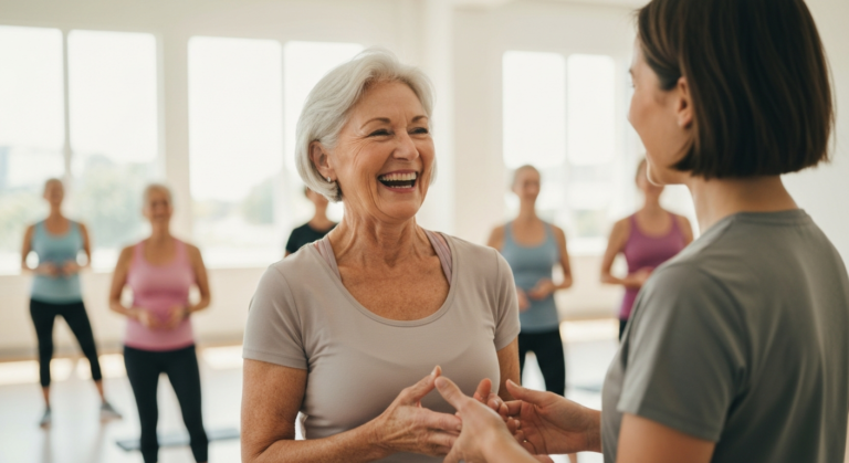 Woman in her 60s with silver-grey hair chatting with a healthcare professional at a community exercise class — menopause histamine intolerance