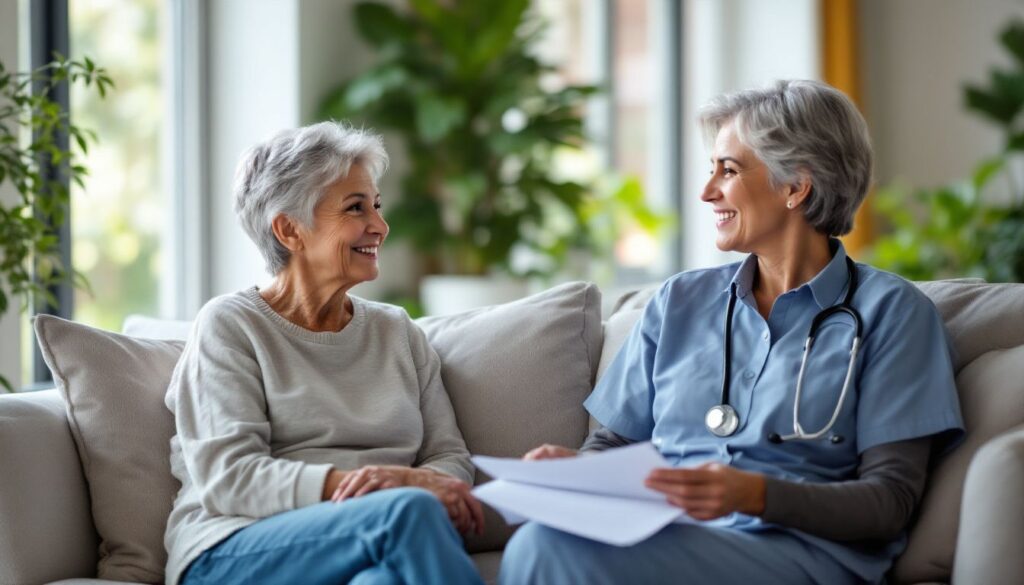 A silver-haired woman with an athletic build relaxes on a bright sofa, talking with a healthcare professional about menopause hot flashes.