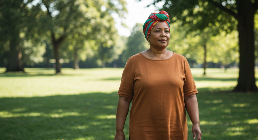 A self-possessed woman with deep brown skin and a colourful headscarf walks reflectively through a green park — menopause HRT and wellbeing