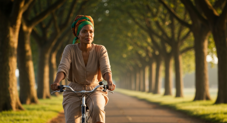 A woman in her late 40s with deep brown skin and a colourful headscarf cycling reflectively on a tree-lined path — menopause identity crisis