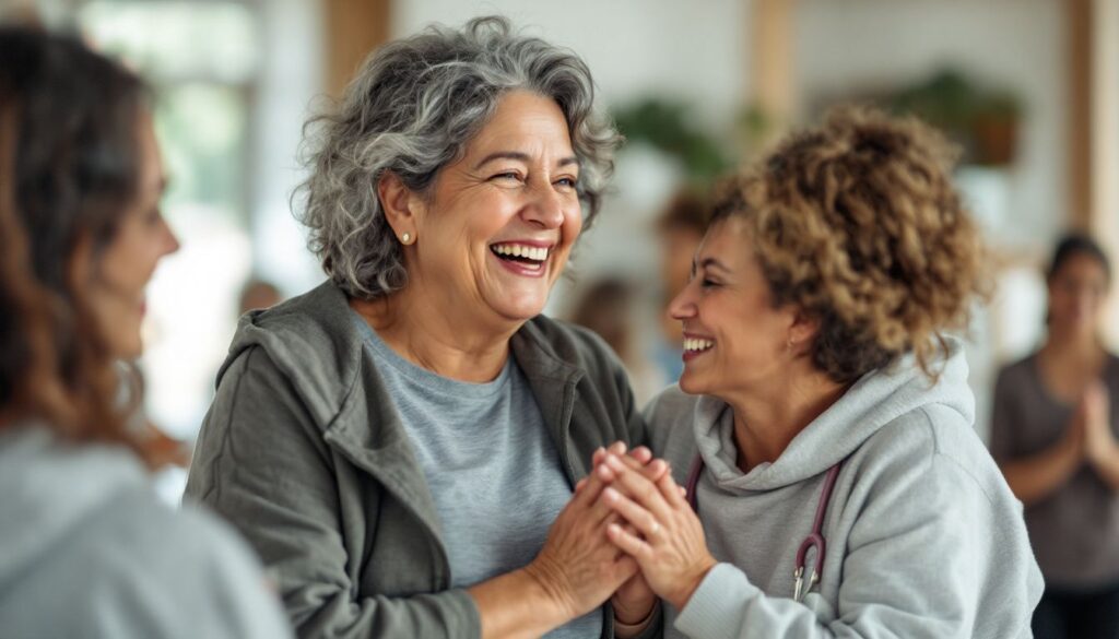 A woman with salt-and-pepper curls talking with a healthcare professional at a community exercise class — menopause insomnia and sleep health