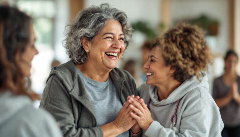 A woman with salt-and-pepper curls talking with a healthcare professional at a community exercise class — menopause insomnia and sleep health