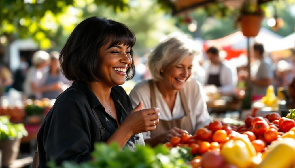 A woman in her mid-50s with dark-brown skin and a sleek bob laughs with a friend at a colourful outdoor market — menopause irregular periods