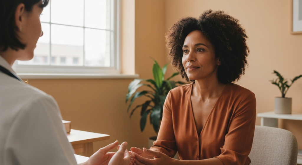 Woman with olive skin and natural afro hair sitting in a bright clinic, calmly discussing menopause irritability with a doctor