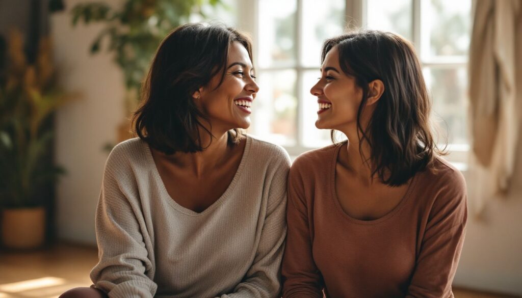 Woman with dark skin and shoulder-length dark hair talking with a friend in a bright pilates studio — menopause itchy ears