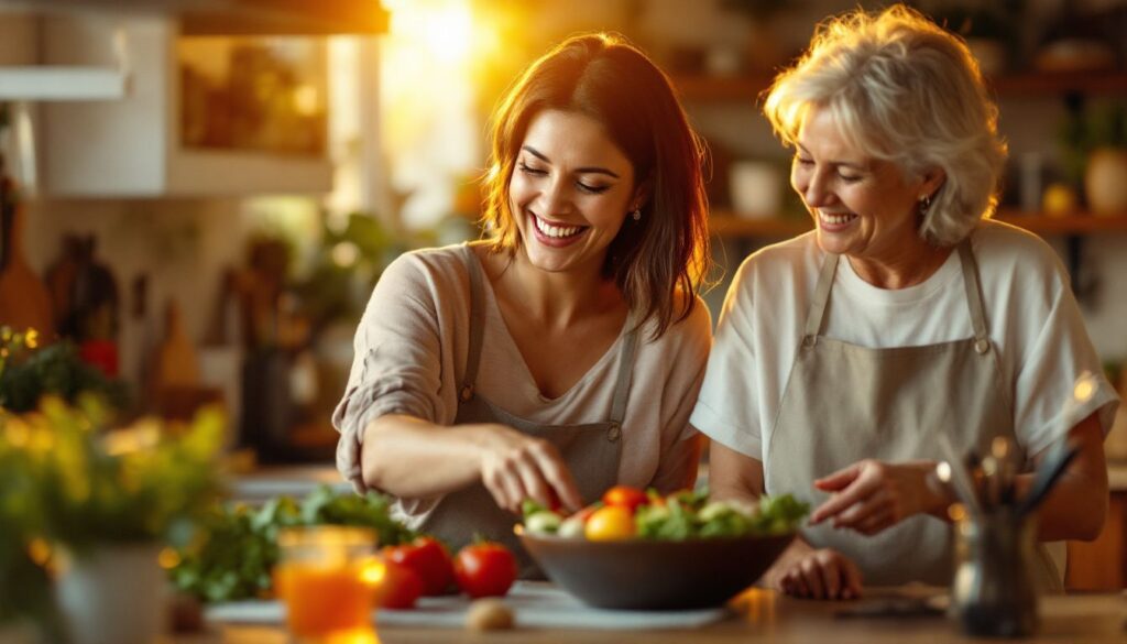 Woman with light brown skin and dark hair cooking with a close friend in a warm kitchen — menopause joint pain article