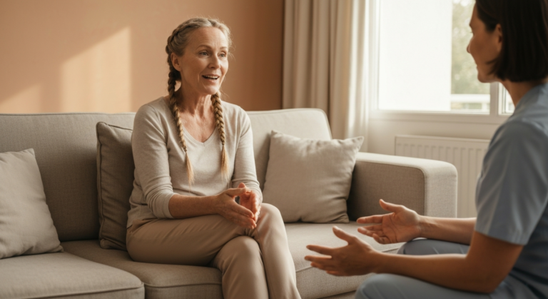Woman with long braids in conversation with a healthcare professional on a bright sofa, discussing menopause libido loss and relationships