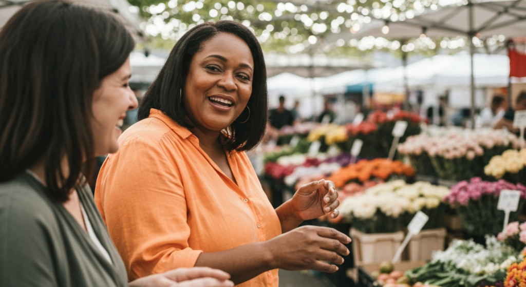 A woman with dark skin and dark hair laughs with a friend at a colourful outdoor market, capturing the warmth of everyday life during menopause.