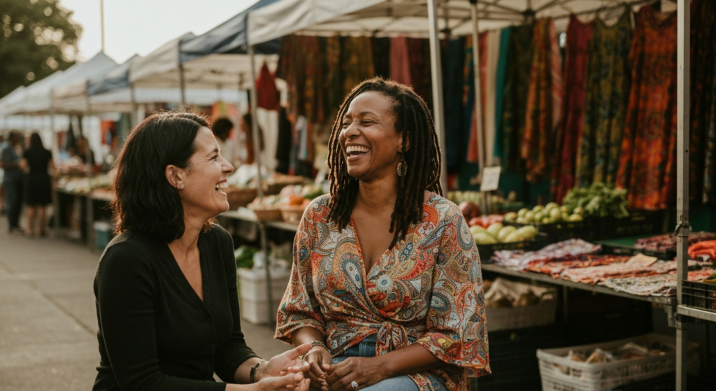 A woman with dark-brown skin and locs laughing with a friend at a colourful outdoor market — menopause and confidence