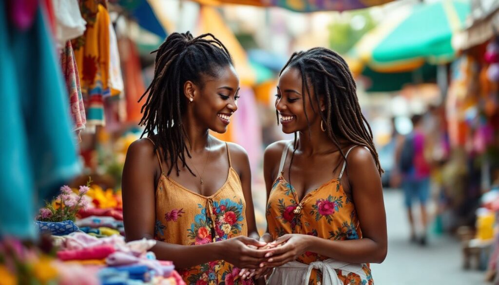 Woman with dark-brown skin and locs laughing with a close friend at a colourful outdoor market — menopause low libido
