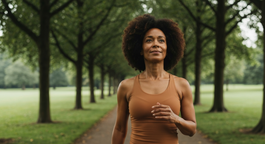 A woman in her early 50s with deep brown skin and natural afro hair walks reflectively through a green park — menopause memory loss