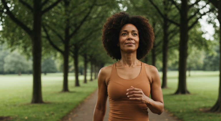 A woman in her early 50s with deep brown skin and natural afro hair walks reflectively through a green park — menopause memory loss