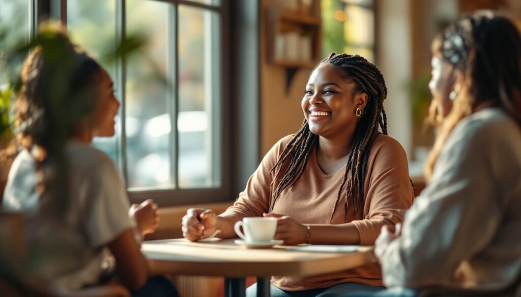 A woman with medium brown skin and long braids laughing with friends at a café — menopause mood swings article