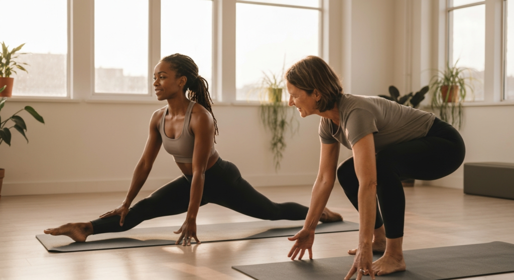 Woman with dark-brown skin and locs doing a gentle morning stretch in a bright Pilates studio with a close friend, illustrating menopause morning stiffness relief