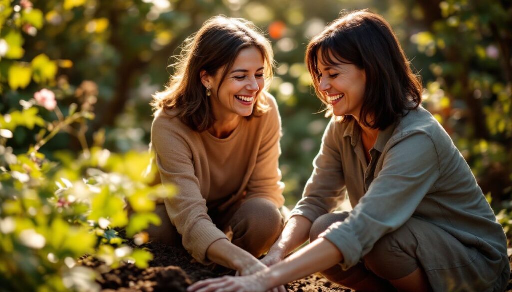 Woman with light brown skin gardening in sunshine with a close friend, illustrating staying active during menopause muscle weakness