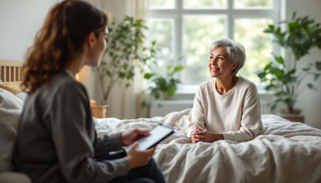 A woman with medium brown skin and short silver-grey hair speaks with a female healthcare professional in a calm, light-filled bedroom about menopause night sweats.