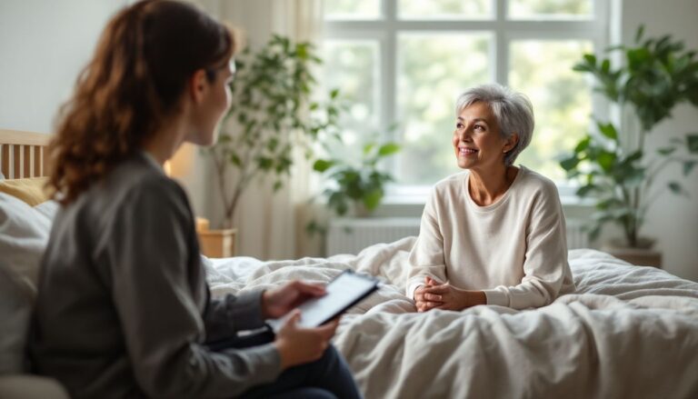 A woman with medium brown skin and short silver-grey hair speaks with a female healthcare professional in a calm, light-filled bedroom about menopause night sweats.