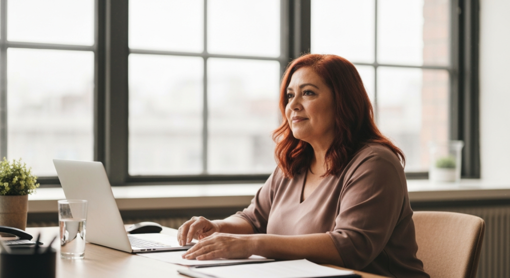 Woman with auburn hair and olive skin sitting reflectively at an office desk — menopause oral health article