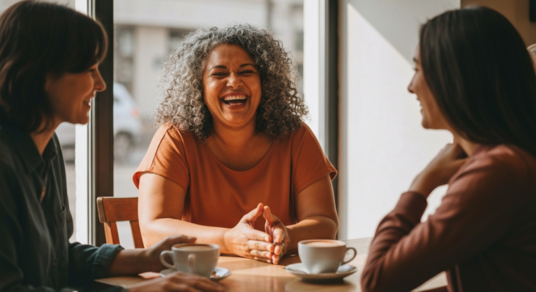A woman in her early 50s with salt-and-pepper curls and medium brown skin laughing with friends at a bright cafe, conveying warmth and connection during menopause.